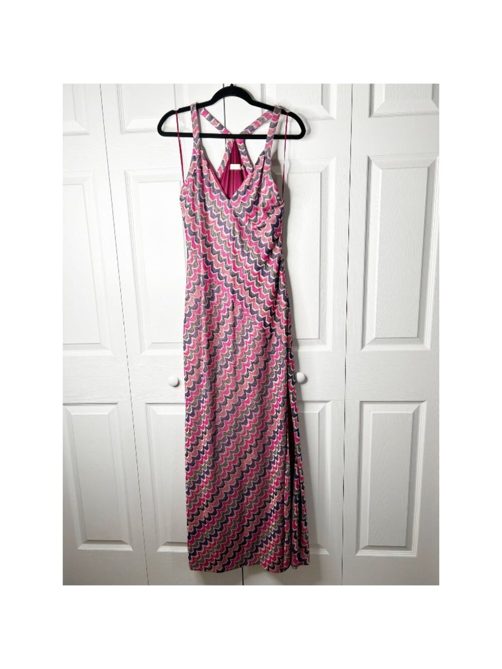 Ramy Brook Hadar Pink Metallic Printed V-Neck Maxi Dress Women's Size Medium M